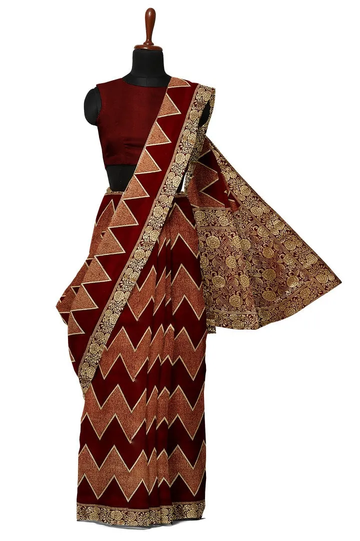 Maroon Banarasi Silk Saree with Zig-zag Weave Design
