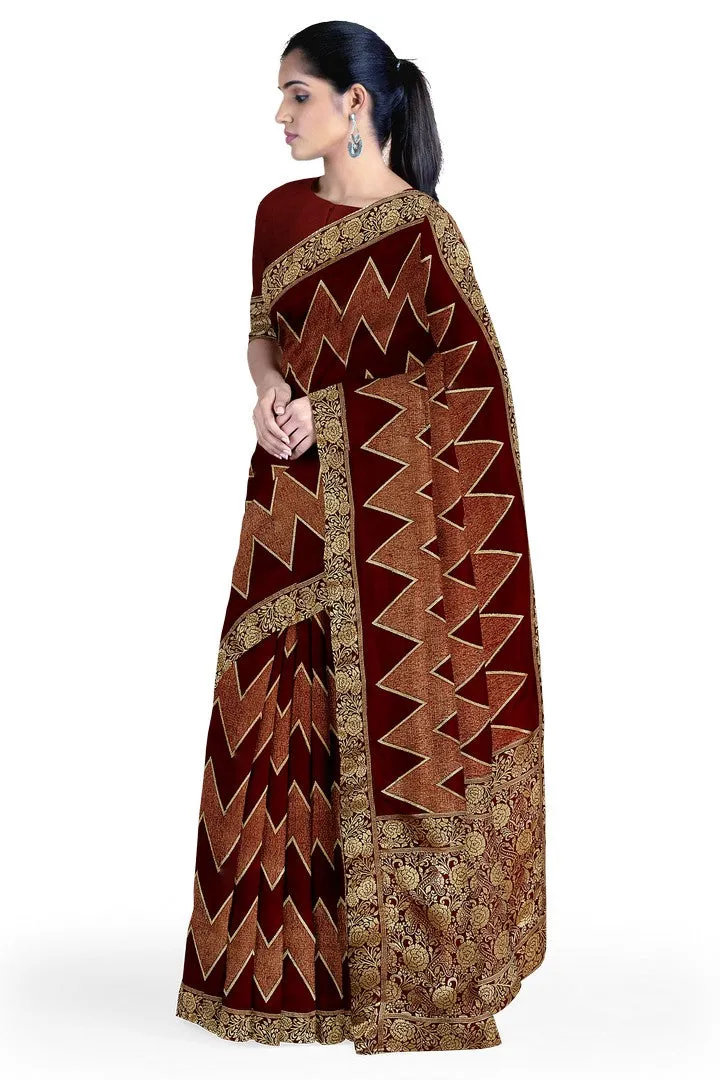 Maroon Banarasi Silk Saree with Zig-zag Weave Design