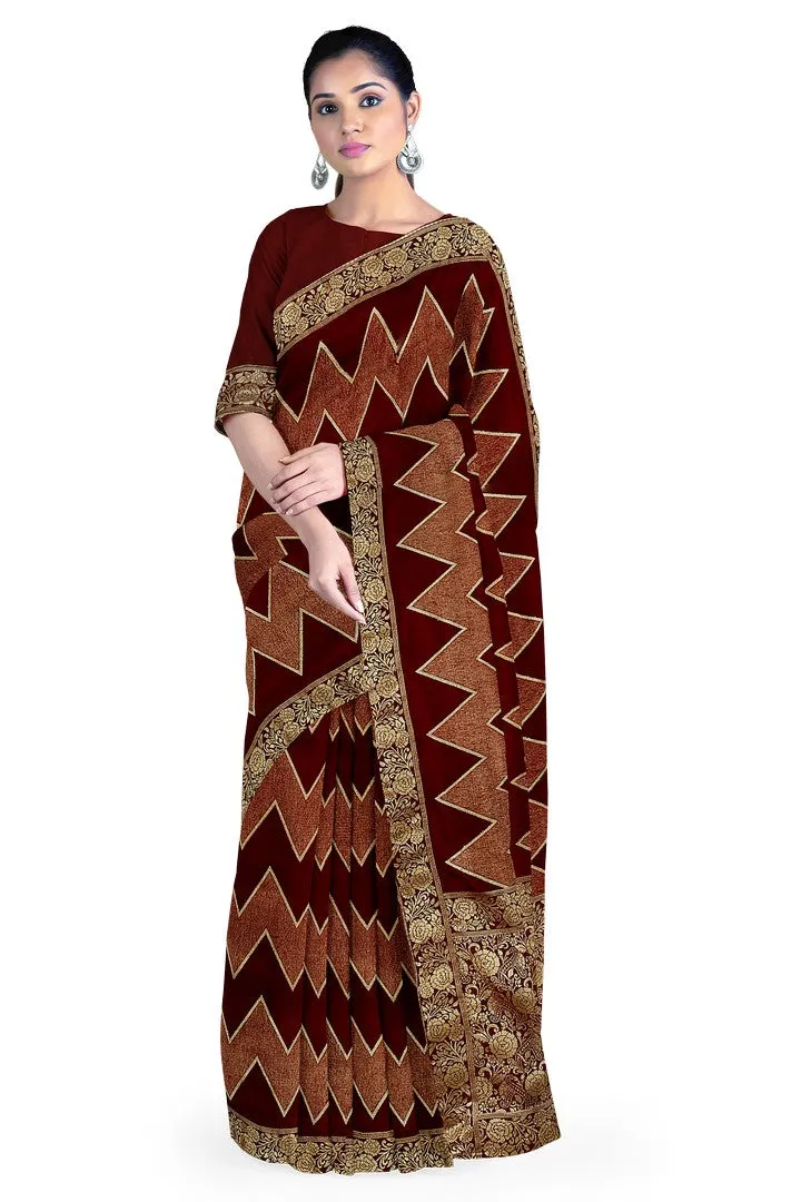 Maroon Banarasi Silk Saree with Zig-zag Weave Design