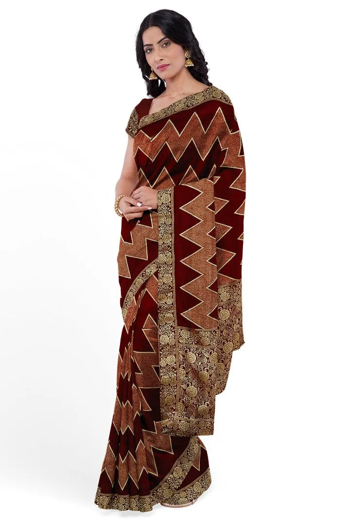Maroon Banarasi Silk Saree with Zig-zag Weave Design