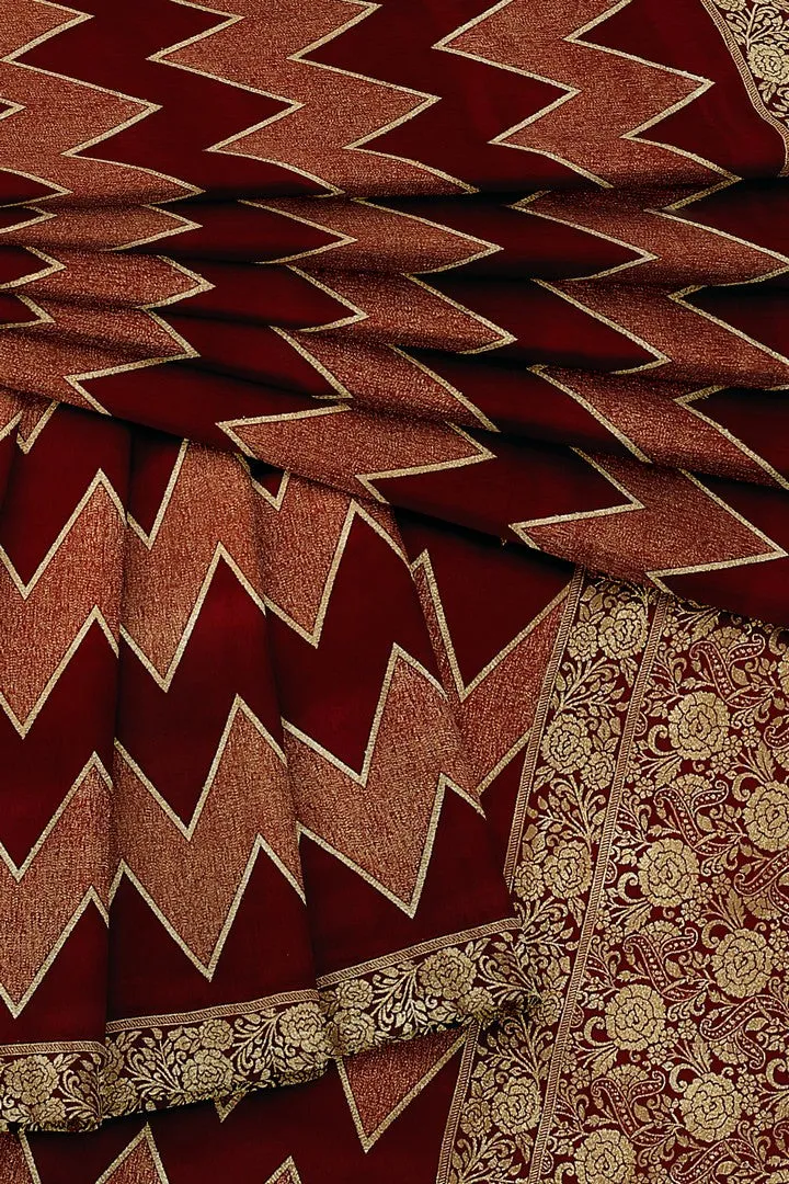 Maroon Banarasi Silk Saree with Zig-zag Weave Design