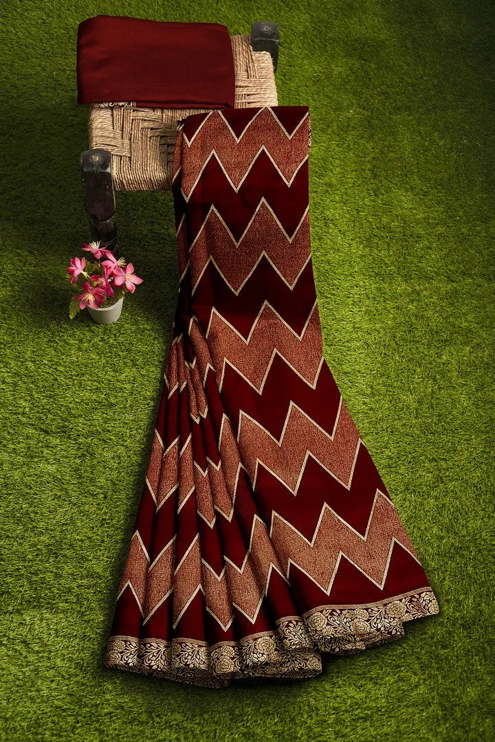 Maroon Banarasi Silk Saree with Zig-zag Weave Design