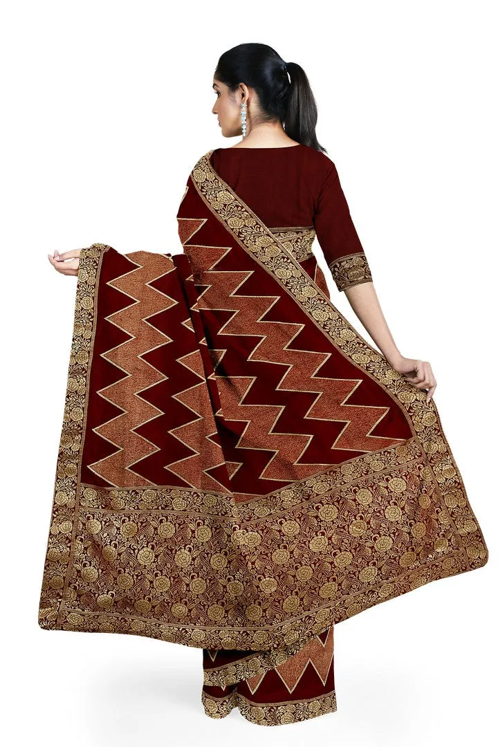 Maroon Banarasi Silk Saree with Zig-zag Weave Design