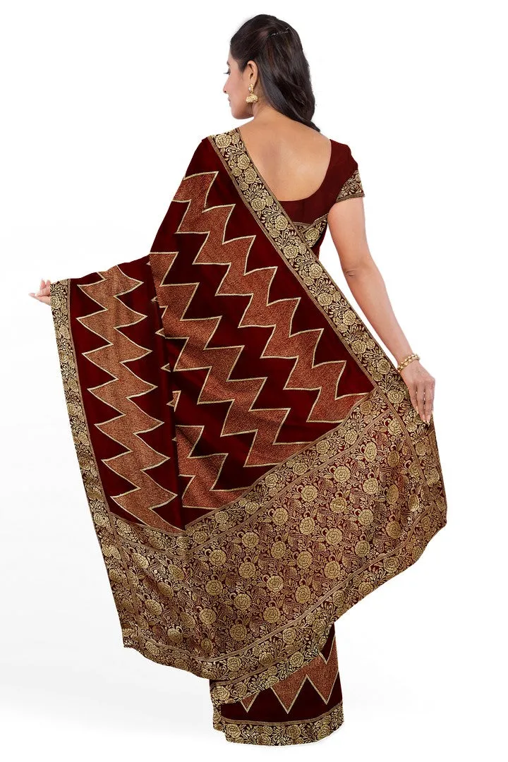 Maroon Banarasi Silk Saree with Zig-zag Weave Design