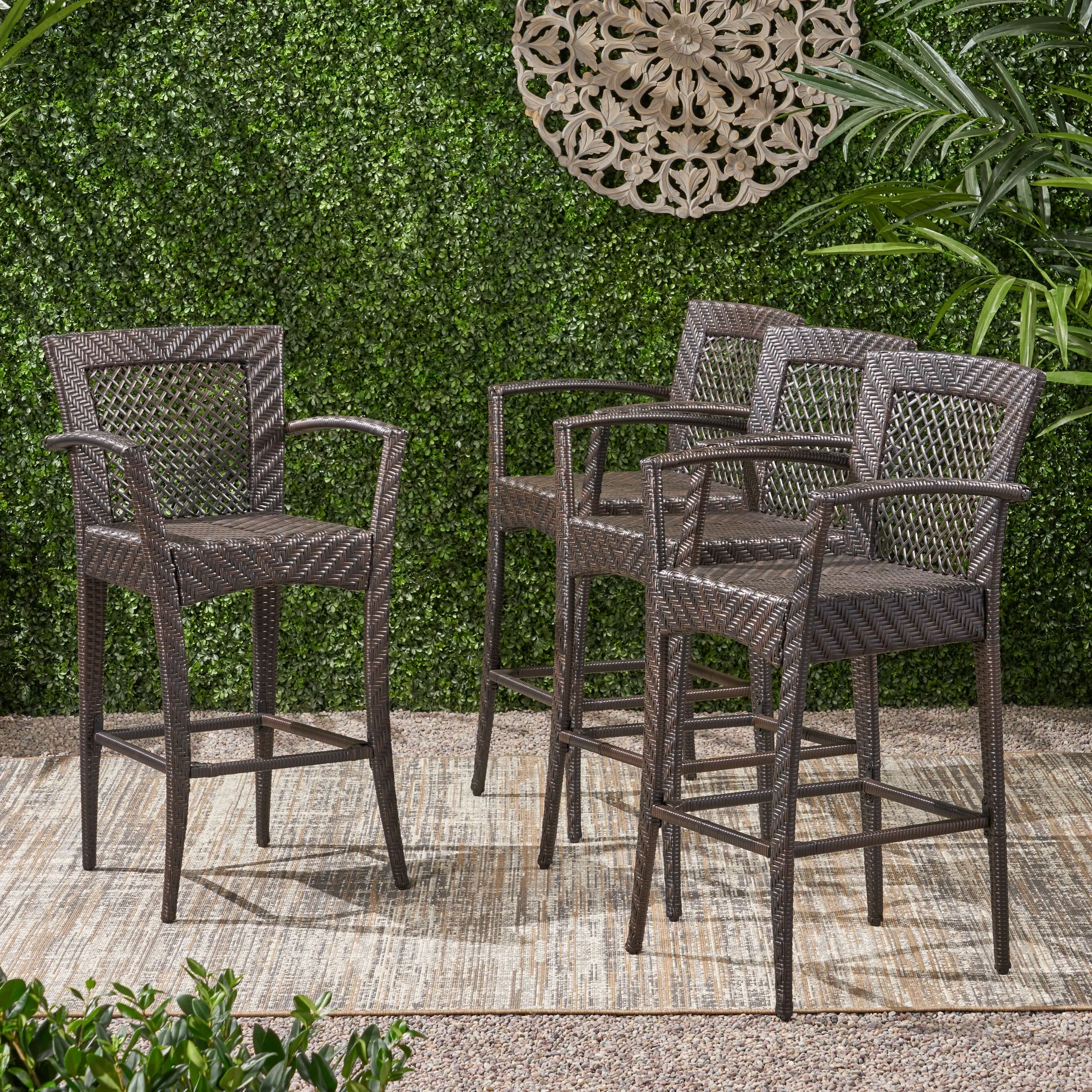Megan Outdoor 46" Wicker Barstool (Set of 4), Multi Brown Finish