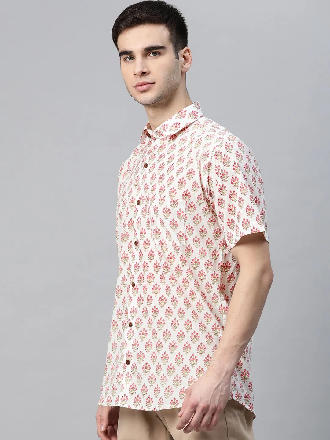 Men's White Cotton Half Sleeves Shirt - Taantav