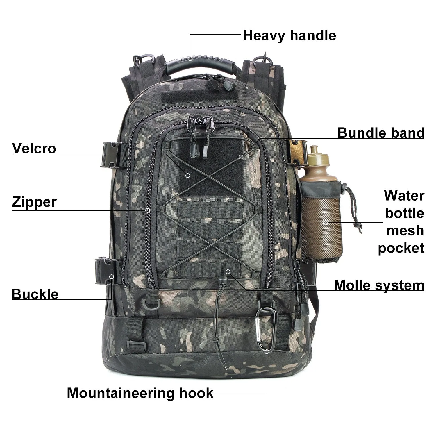 Military Expandable Travel Backpack Tactical Waterproof Work Backpack for Men(black-multicam)