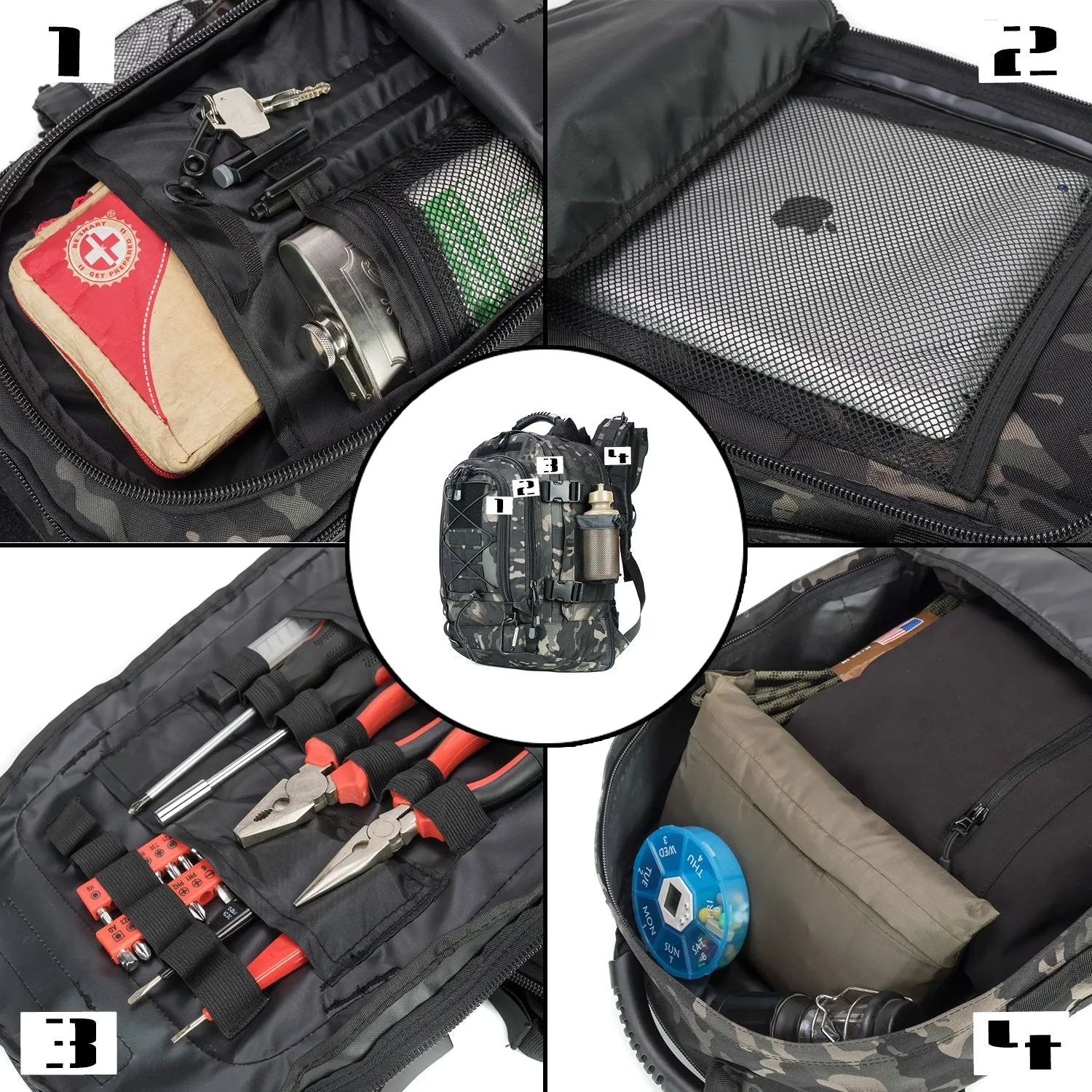 Military Expandable Travel Backpack Tactical Waterproof Work Backpack for Men(black-multicam)
