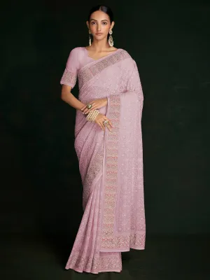 Modren Pink Georgette Embroidered Saree With Unstitched Blouse