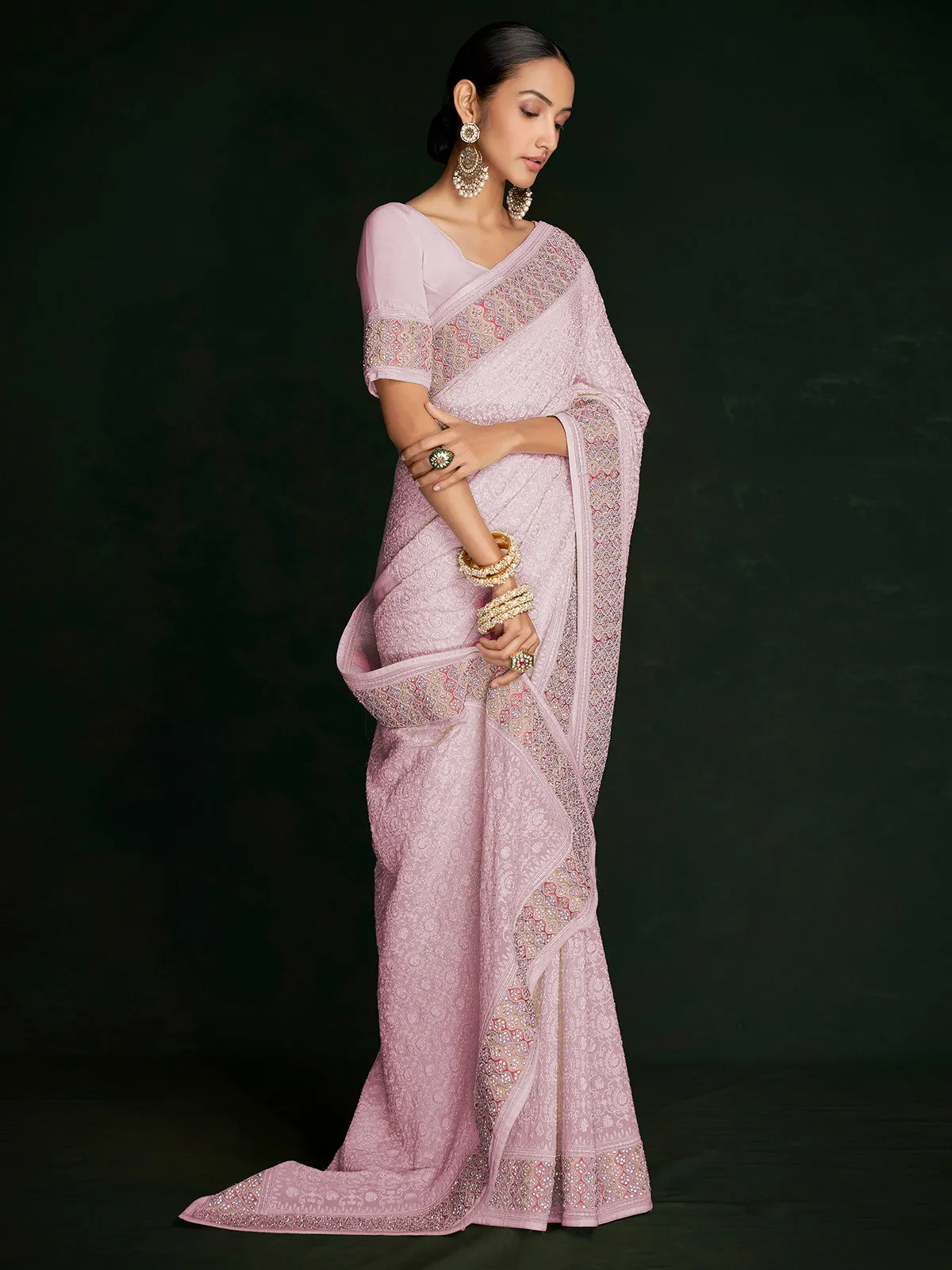 Modren Pink Georgette Embroidered Saree With Unstitched Blouse