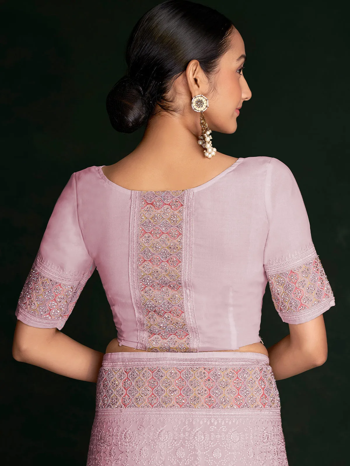 Modren Pink Georgette Embroidered Saree With Unstitched Blouse