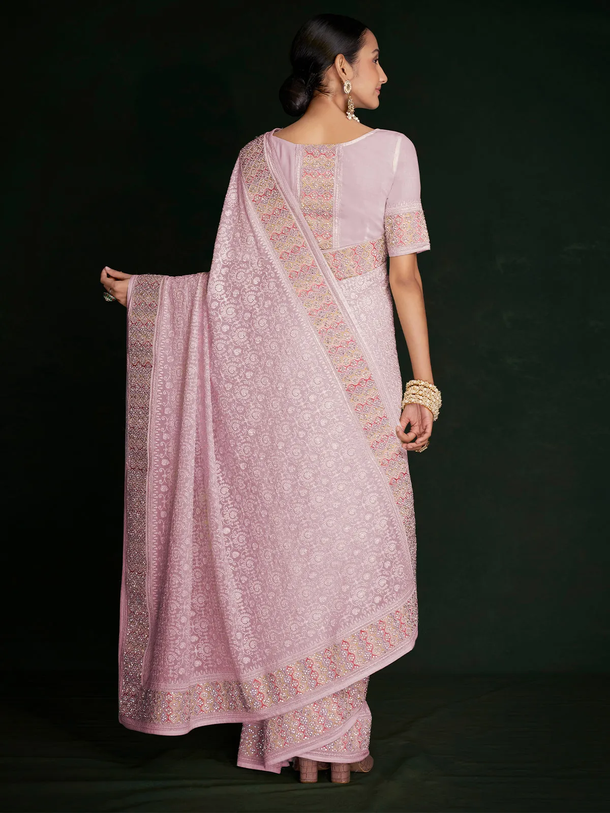 Modren Pink Georgette Embroidered Saree With Unstitched Blouse