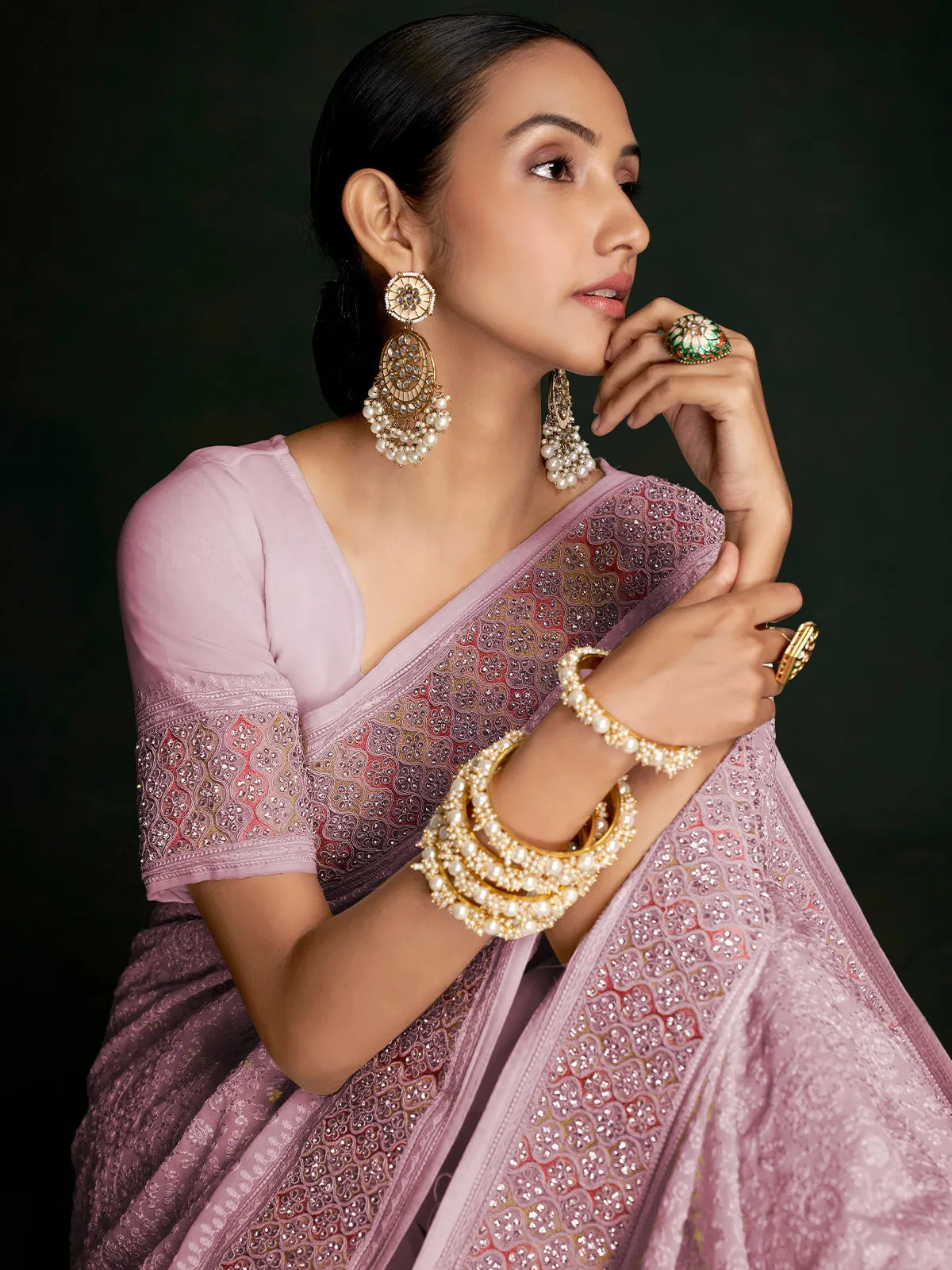 Modren Pink Georgette Embroidered Saree With Unstitched Blouse