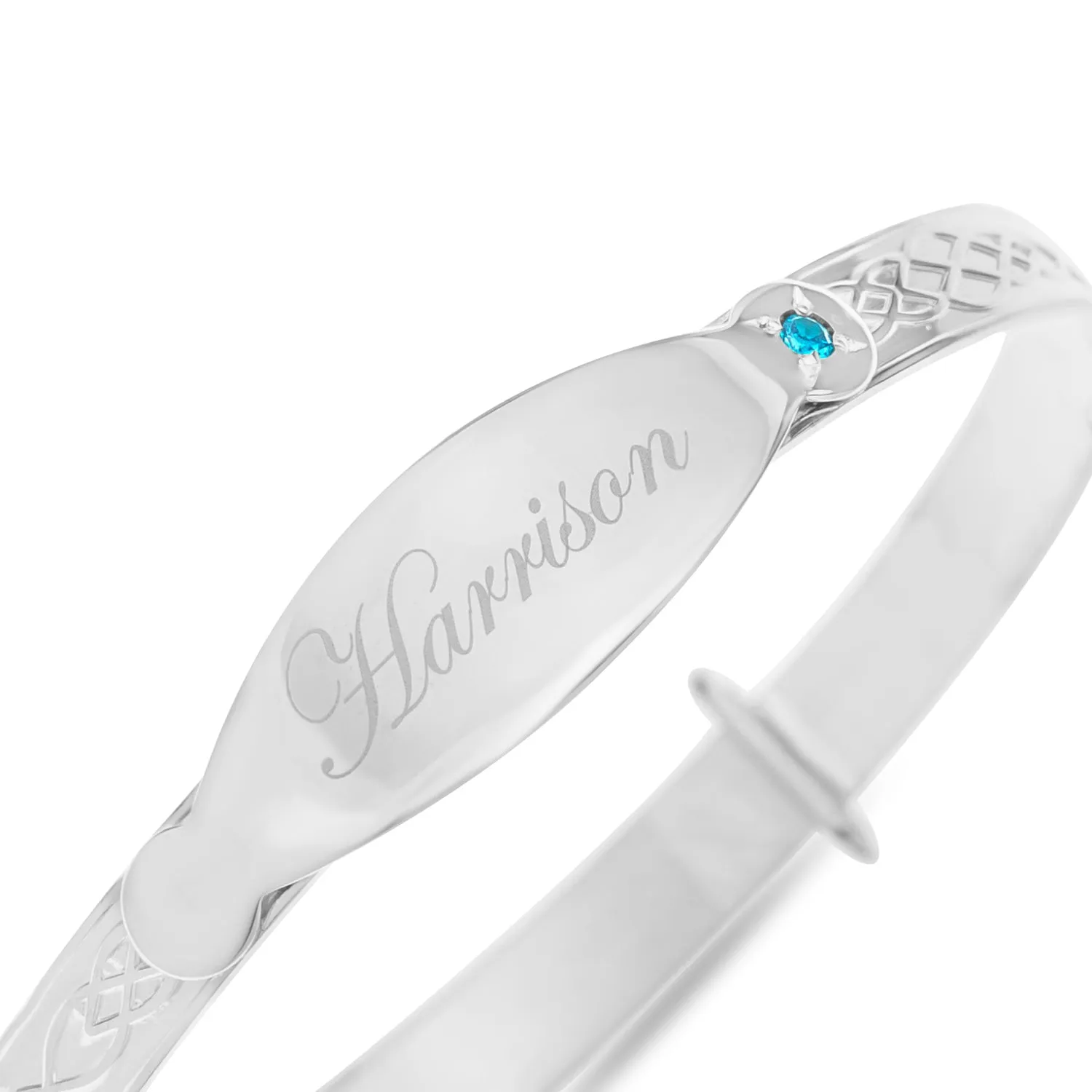 Personalised Sterling Silver Boy Baby Bangle with blue stone (0-5 yrs)