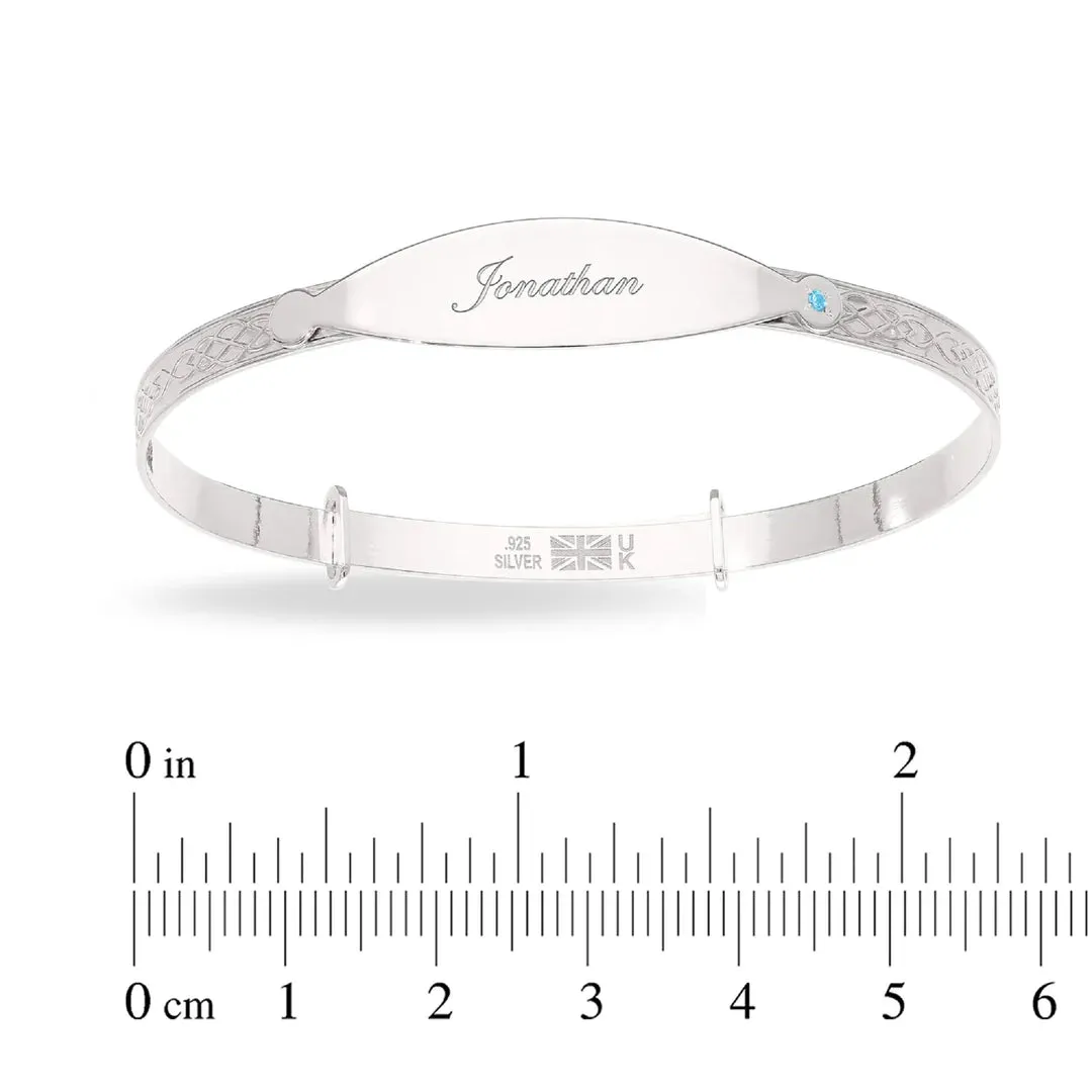 Personalised Sterling Silver Boy Baby Bangle with blue stone (0-5 yrs)