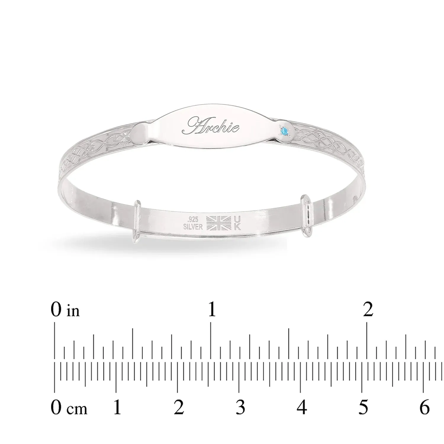 Personalised Sterling Silver Boy Baby Bangle with blue stone (0-5 yrs)