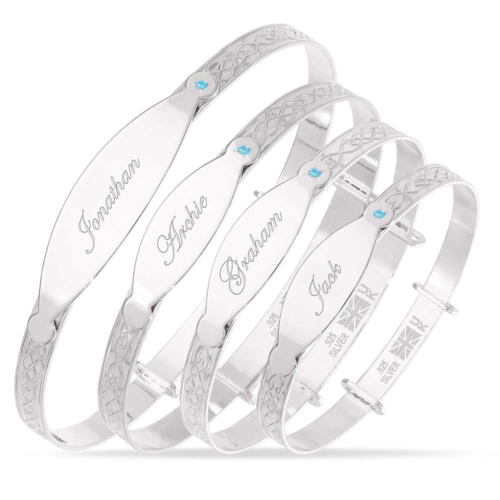 Personalised Sterling Silver Boy Baby Bangle with blue stone (0-5 yrs)