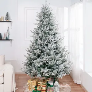 relaxed 7.5ft Frosted Christmas Tree with Lights, Realistic Snow Flocked Christmas Tree Prelit with 3266 Branch Tips, 650 Warm Lights and Metal Stand, Aritificial Christmas Tree Green 7.5'