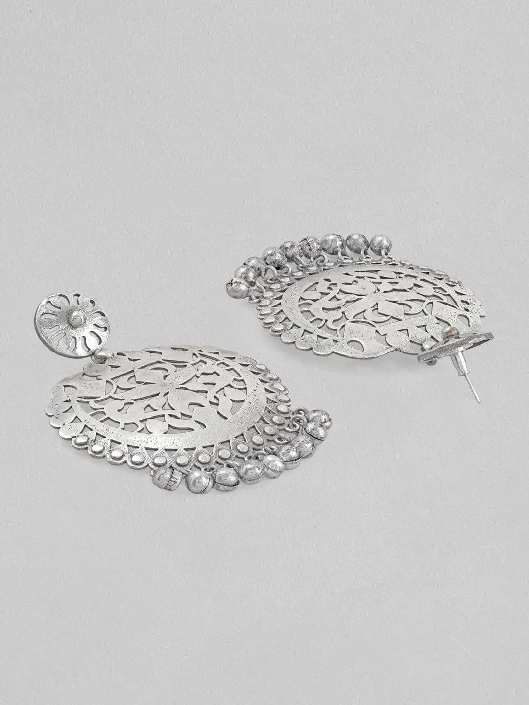 Rubans Silver Oxidised Drop Earrings With Elegantly Carved Design