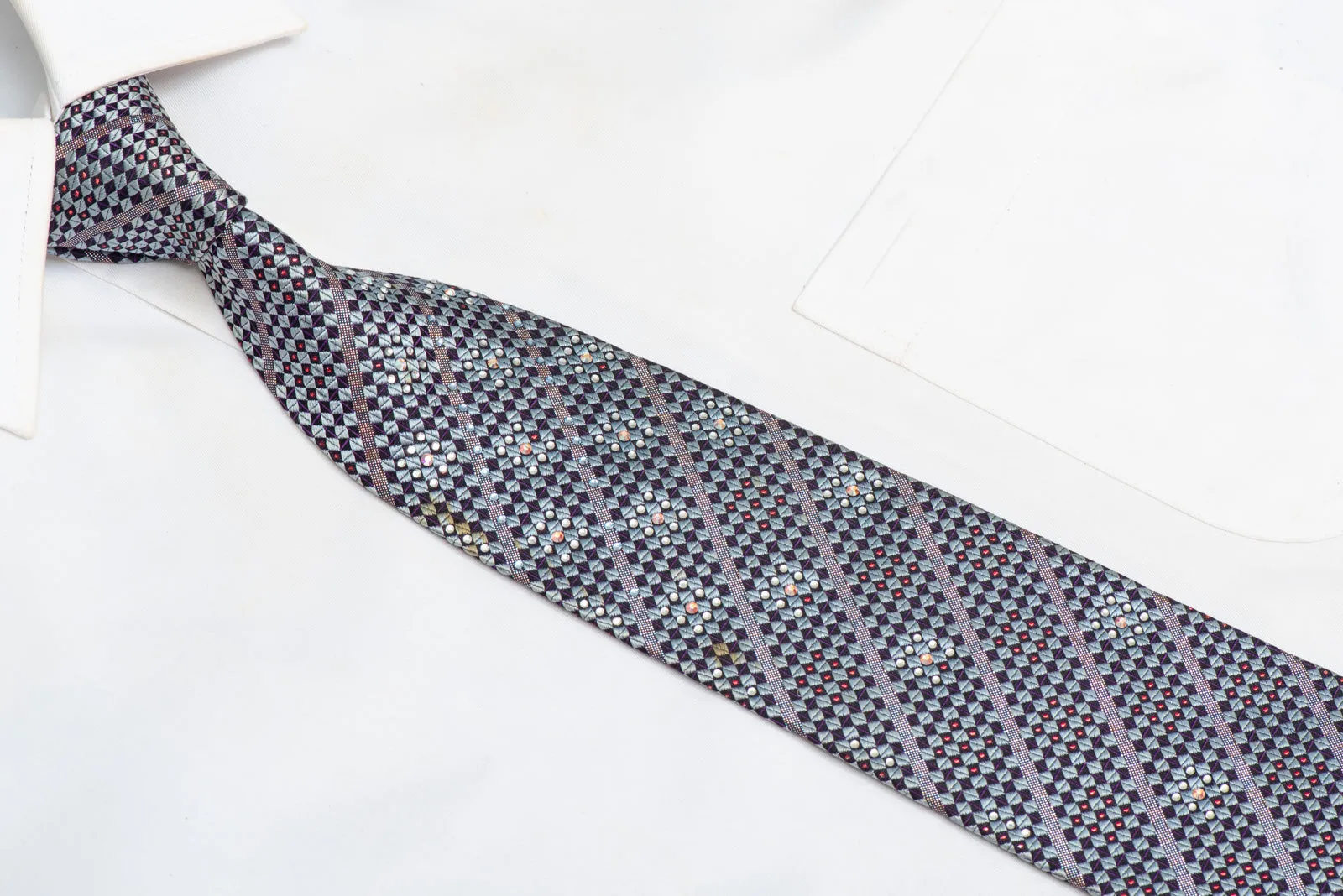 Silver Navy Checkered Rhinestone Silk Necktie With Purple Sparkles