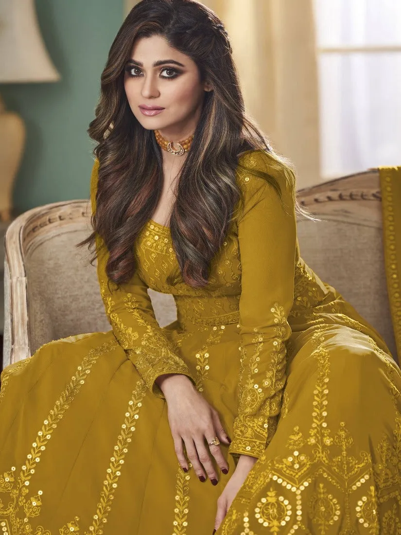 Splendid Yellow Anarkali Gown Featuring Shamita Shetty
