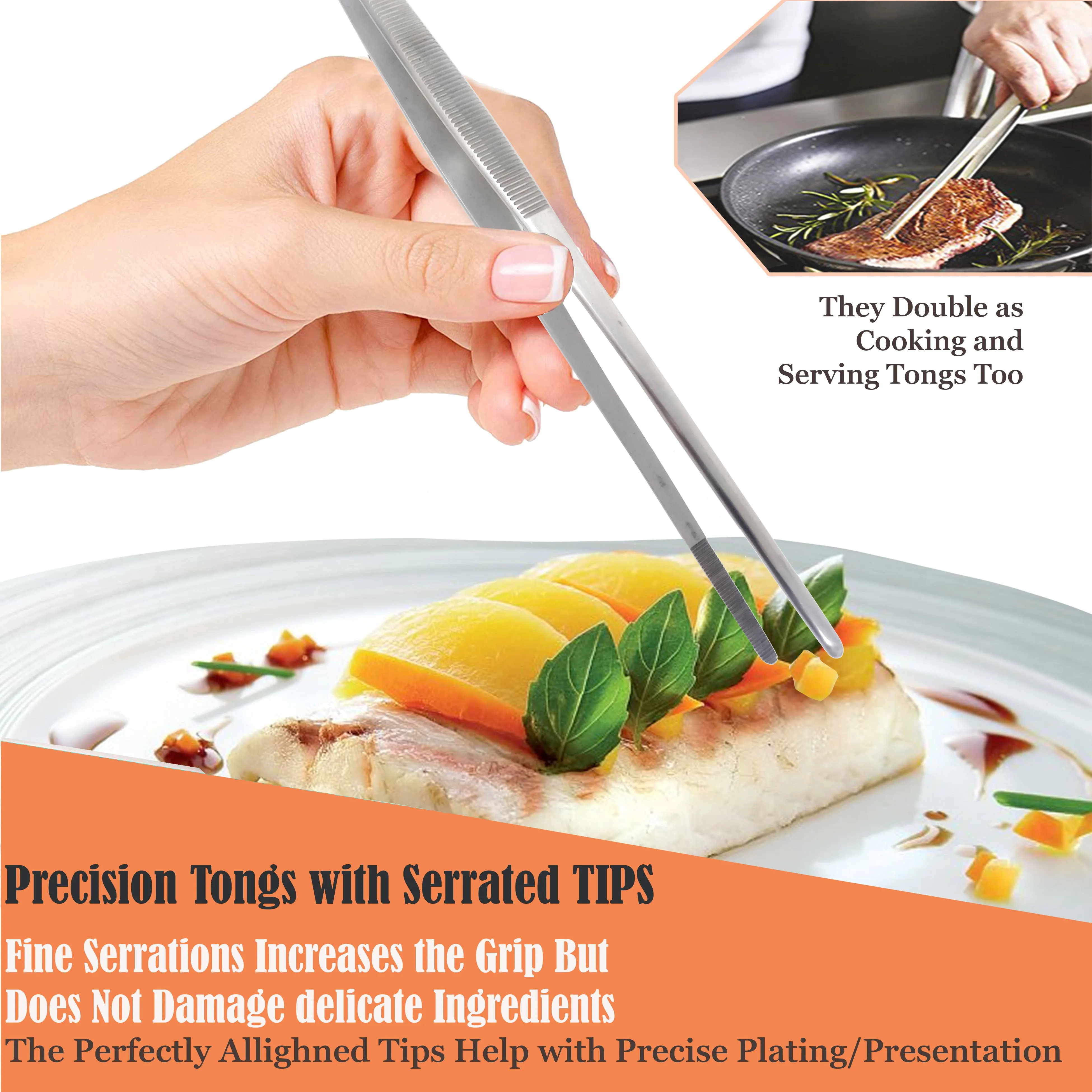 Stainless Steel Kitchen Tweezers Straight Serrated Tips 12" Large Food Tongs for Commercial & Home Kitchen Use