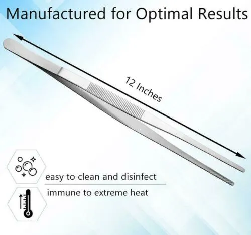 Stainless Steel Kitchen Tweezers Straight Serrated Tips 12" Large Food Tongs for Commercial & Home Kitchen Use