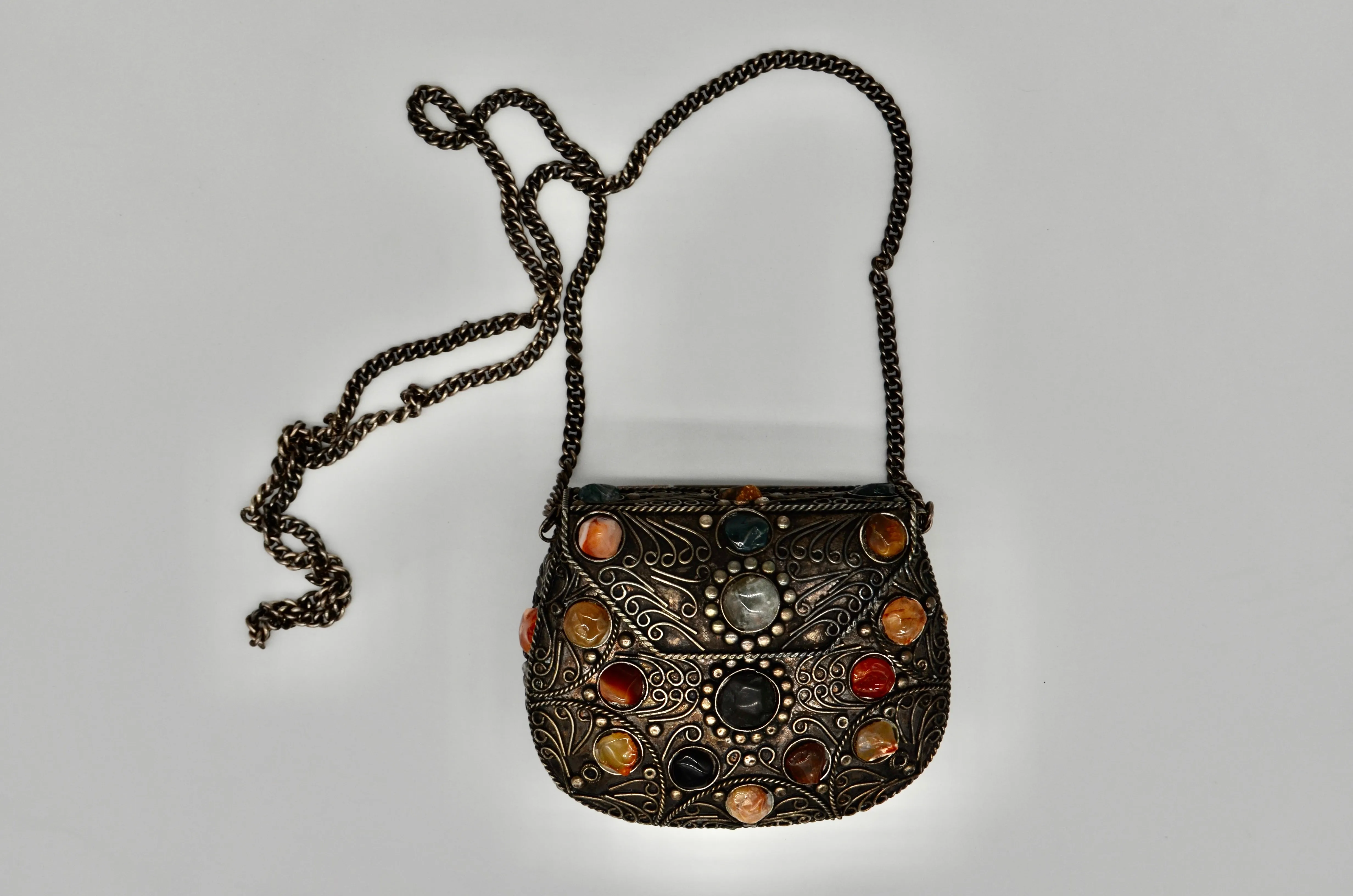 Vintage Sajai Silver Metal Purse Handcraft Genuine Gemstones Agates Crossbody