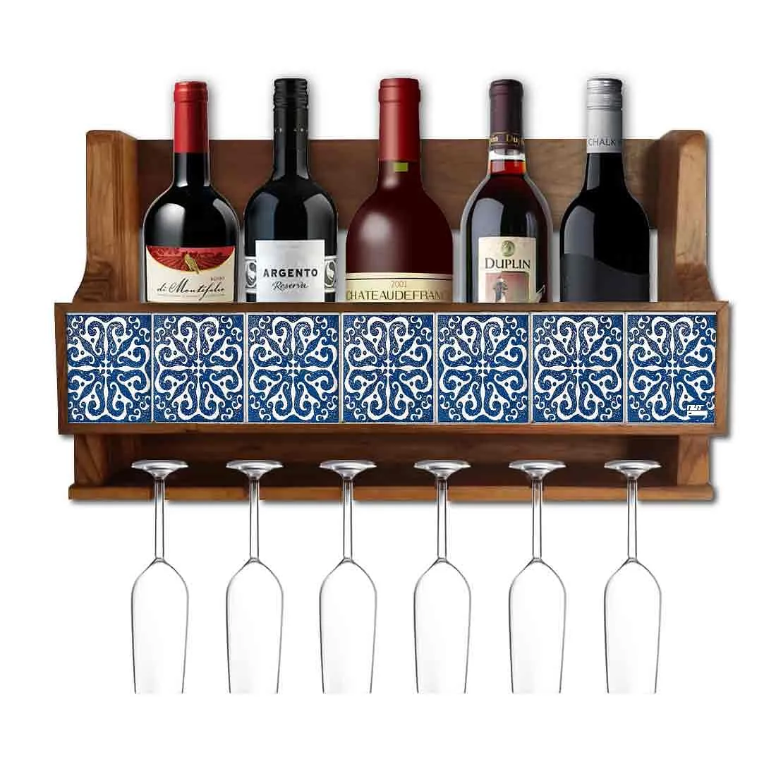 Wine Glass Rack Wall Mounted Wooden Cabinet for 5 Bottles 6 Glasses