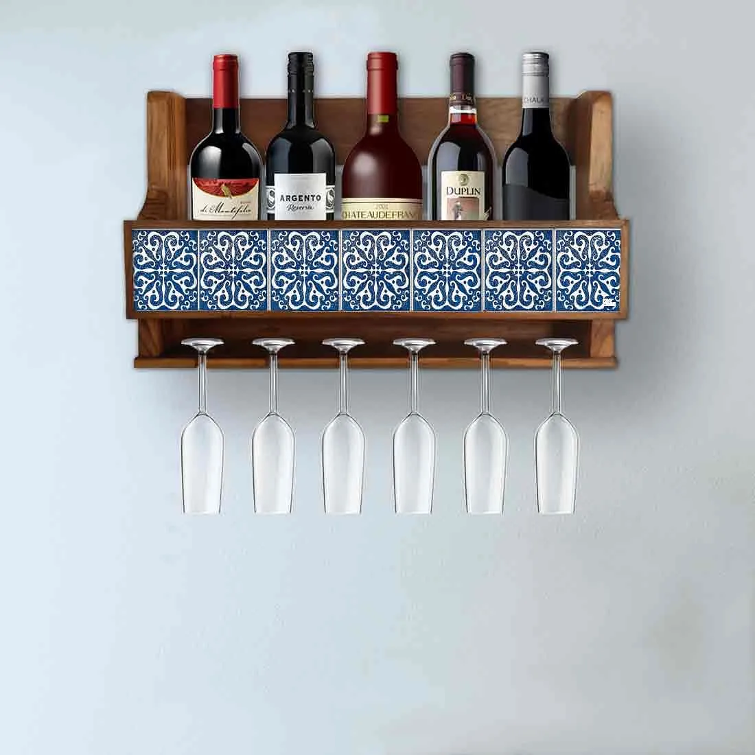 Wine Glass Rack Wall Mounted Wooden Cabinet for 5 Bottles 6 Glasses