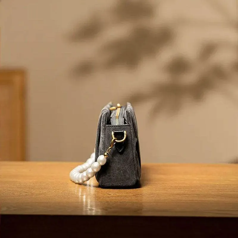 Xiangyunsha Silk Pearl Handle Grey Evening Bag