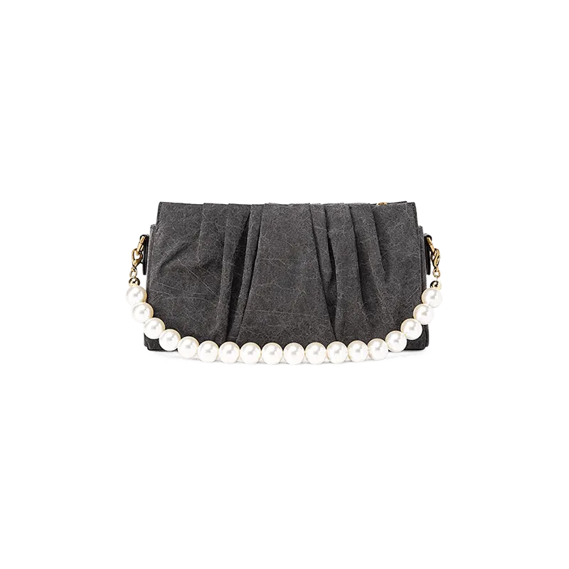Xiangyunsha Silk Pearl Handle Grey Evening Bag