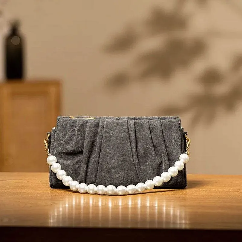 Xiangyunsha Silk Pearl Handle Grey Evening Bag