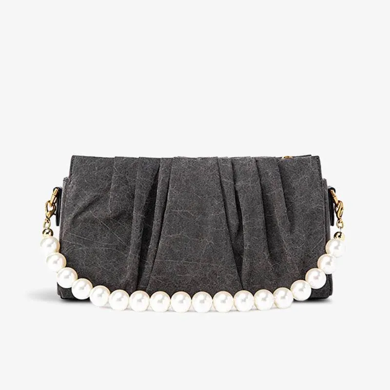 Xiangyunsha Silk Pearl Handle Grey Evening Bag