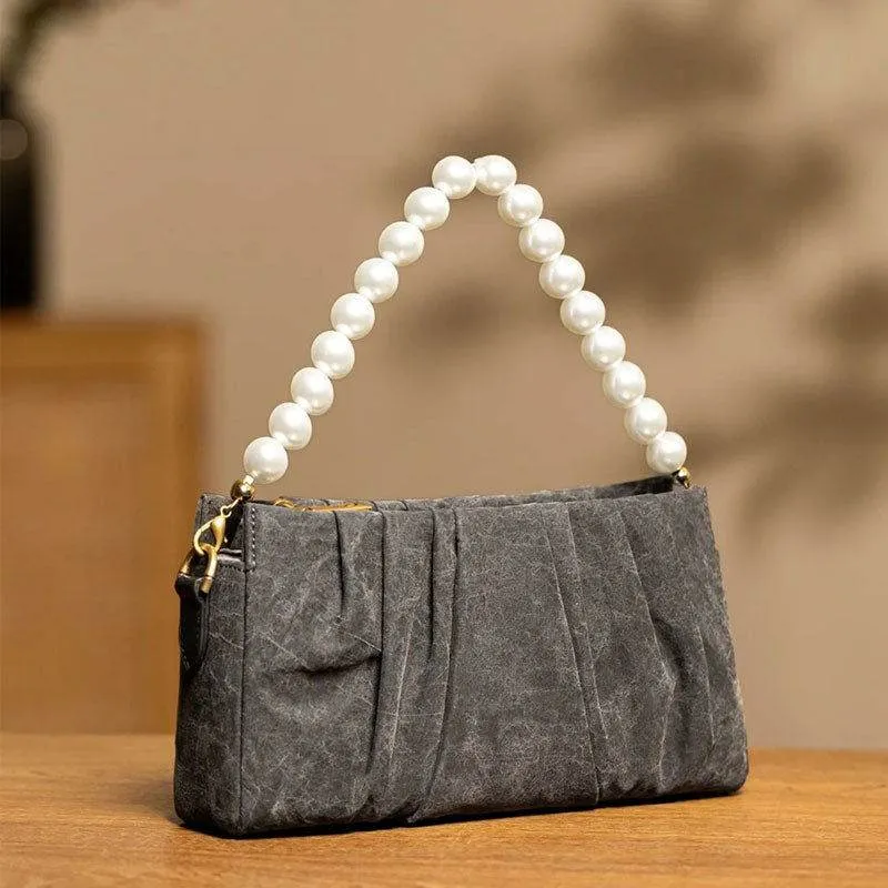 Xiangyunsha Silk Pearl Handle Grey Evening Bag