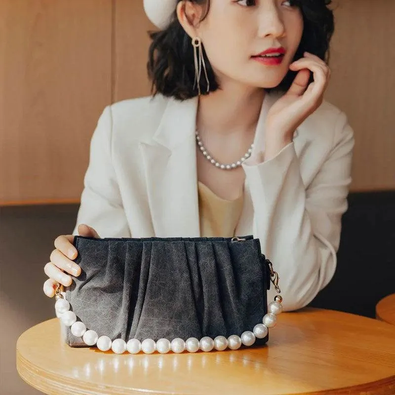 Xiangyunsha Silk Pearl Handle Grey Evening Bag
