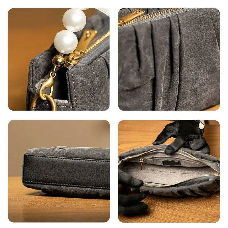 Xiangyunsha Silk Pearl Handle Grey Evening Bag