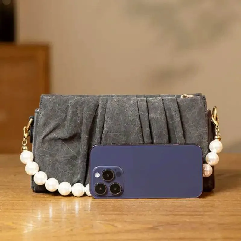 Xiangyunsha Silk Pearl Handle Grey Evening Bag