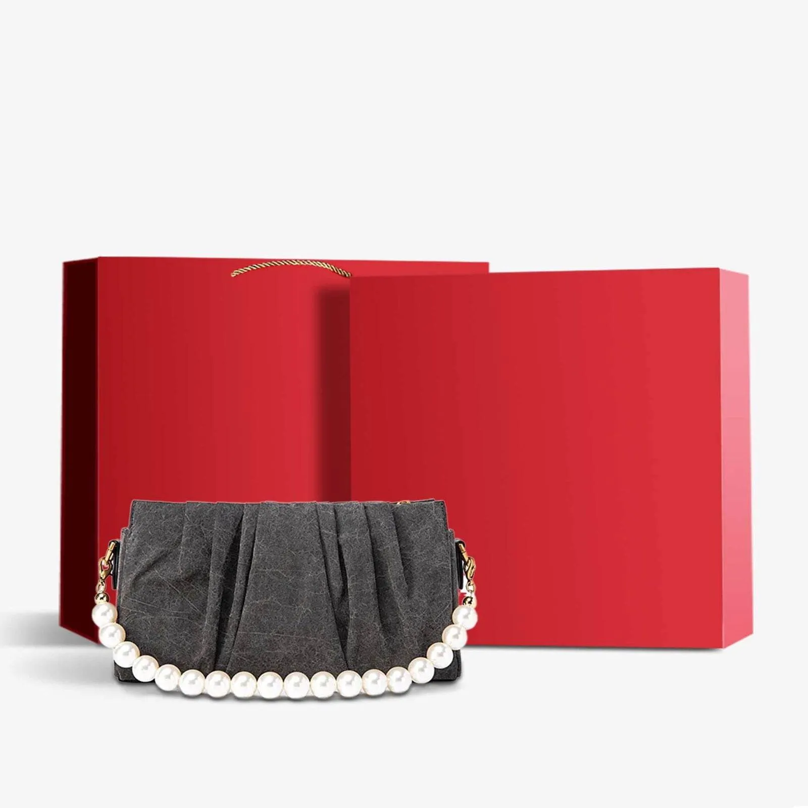 Xiangyunsha Silk Pearl Handle Grey Evening Bag